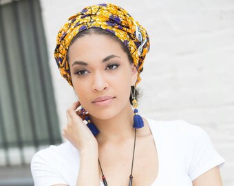 African Head Wrap HongyuAmy Extra Long 72x22 African Wax Print Head Scarf Tie Gold Blue African Head Wrap HongyuAmy Extra Long 72x22 African Wax Print Head Scarf Tie Gold Blue