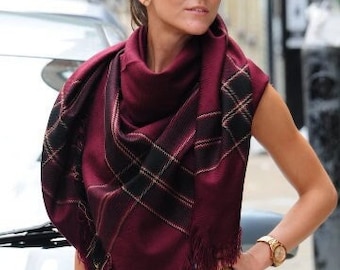 Burgundy Oversized Shawl Blanket Scarf Wrap Bridesmaid Scarf Check Plaid Tartan Scarves Gift for Women Scarf Accessories Gift for Her