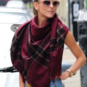 Burgundy Oversized Shawl Blanket Scarf Wrap Bridesmaid Scarf Check Plaid Tartan Scarves Gift for Women Scarf Accessories Gift for Her