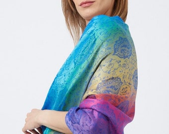 Rainbow Scarf I Bright Colourful Pashmina Shawl I Multicolour Paisley Peacock Feather Scarf I Women Gift Ideas I UK Seller