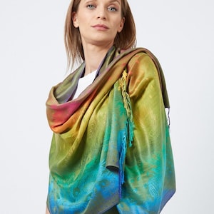 Rainbow Scarf I Bright Colourful Pashmina Shawl I Multicolour Paisley Peacock Feather Scarf I Women Gift Ideas I UK Seller image 2