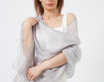 Sciarpa in viscosa di seta Crepe Organza grigio argento con nappa, involucro da sposa, scialli per damigelle, sposa per essere stole da sposa, regalo squisito