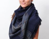 Navy Oversized Scarf Blanket Scarf Shawl Wrap Square Checked Scarf Gift for Women Plaid Scarf Tartan Scarf Gift for Mother Women Accessories