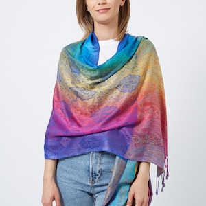 Rainbow Scarf I Bright Colourful Pashmina Shawl I Multicolour Paisley Peacock Feather Scarf I Women Gift Ideas I UK Seller image 4