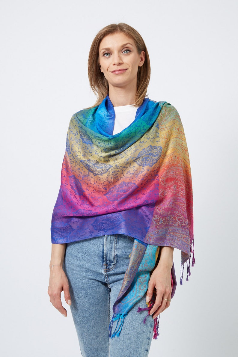 Rainbow Scarf I Bright Colourful Pashmina Shawl I Multicolour Paisley Peacock Feather Scarf I Women Gift Ideas I UK Seller image 4