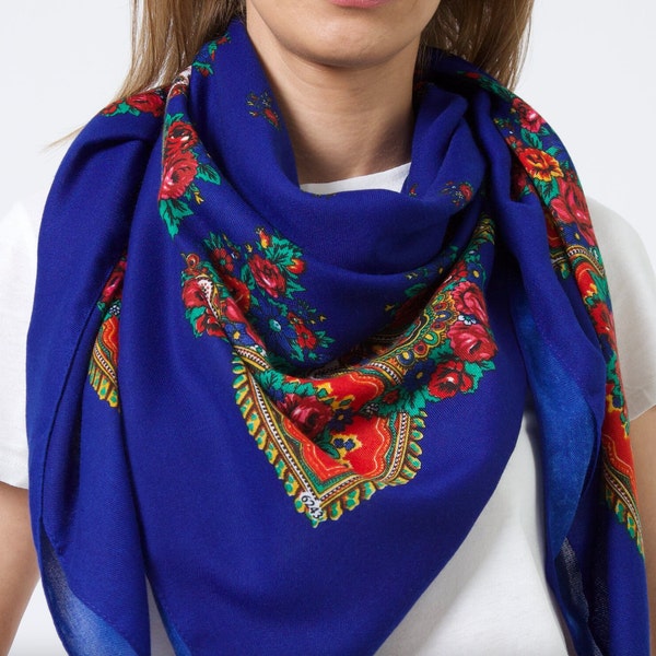 Slavic Babushka Scarf, Oversized Ukraine Scarf, Ethnic Classic Floral Neck Scarf, Modern Chic Square Wrap , Russian Shawl, Unique Gifts