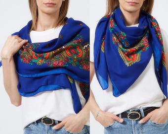 Green Floral Babushka Scarf: Russian Folk Style, Oversized Shawl