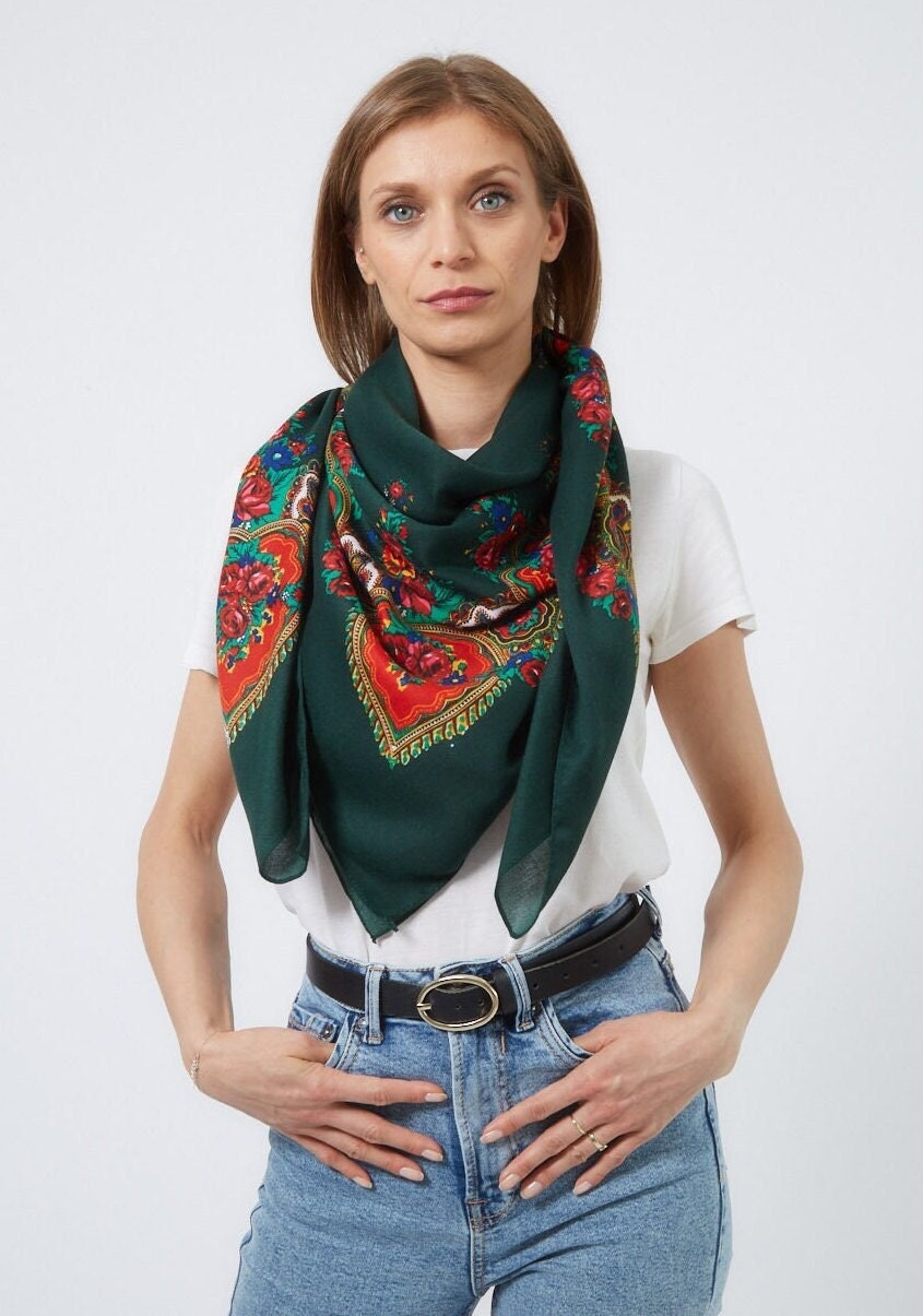 Green Floral Babushka Scarf: Russian Folk Style, Oversized Shawl
