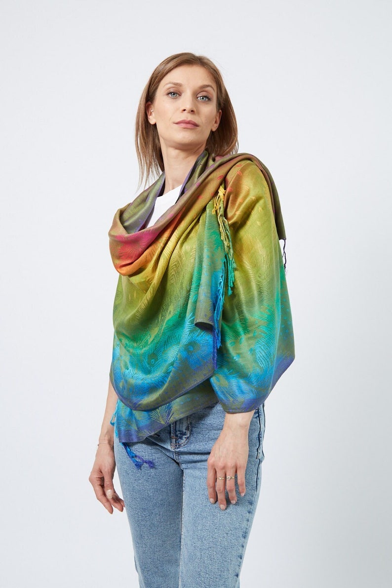 Rainbow Scarf I Bright Colourful Pashmina Shawl I Multicolour Paisley Peacock Feather Scarf I Women Gift Ideas I UK Seller image 2