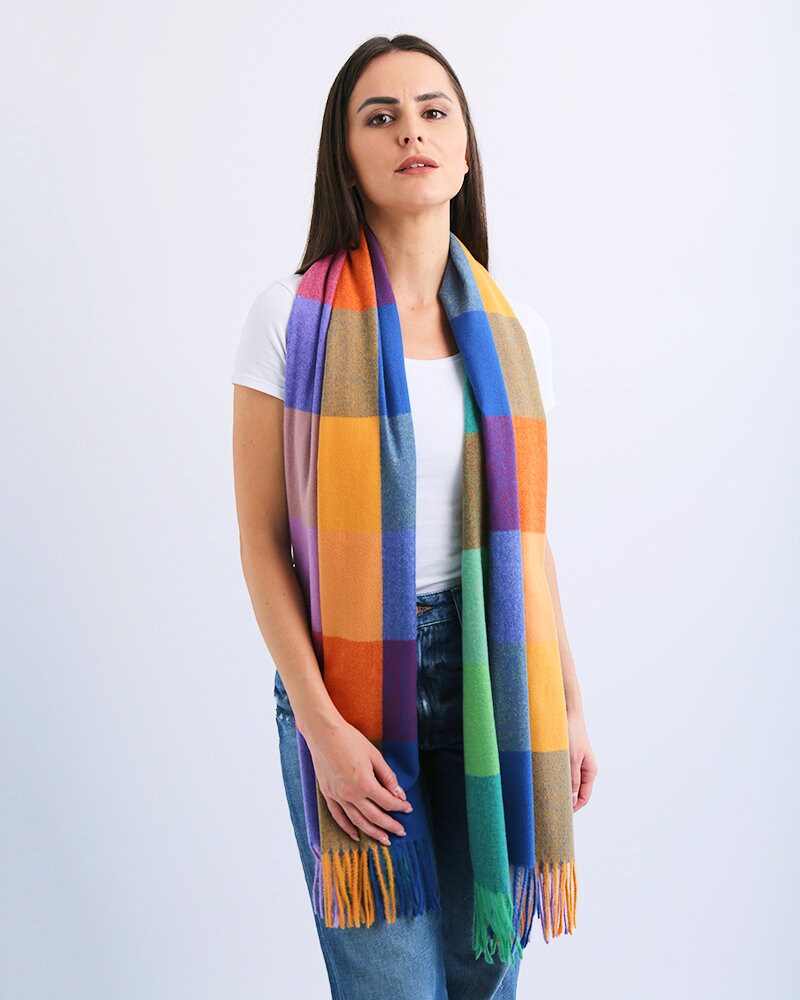 SQUARE WOOL GAUZE STOLE/GRAGE-CHECK