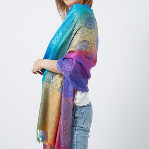 Rainbow Scarf I Bright Colourful Pashmina Shawl I Multicolour Paisley Peacock Feather Scarf I Women Gift Ideas I UK Seller image 5