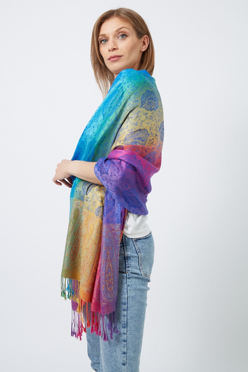 Rainbow Scarf I Bright Colourful Pashmina Shawl I Multicolour Paisley Peacock Feather Scarf I Women Gift Ideas I UK Seller image 5