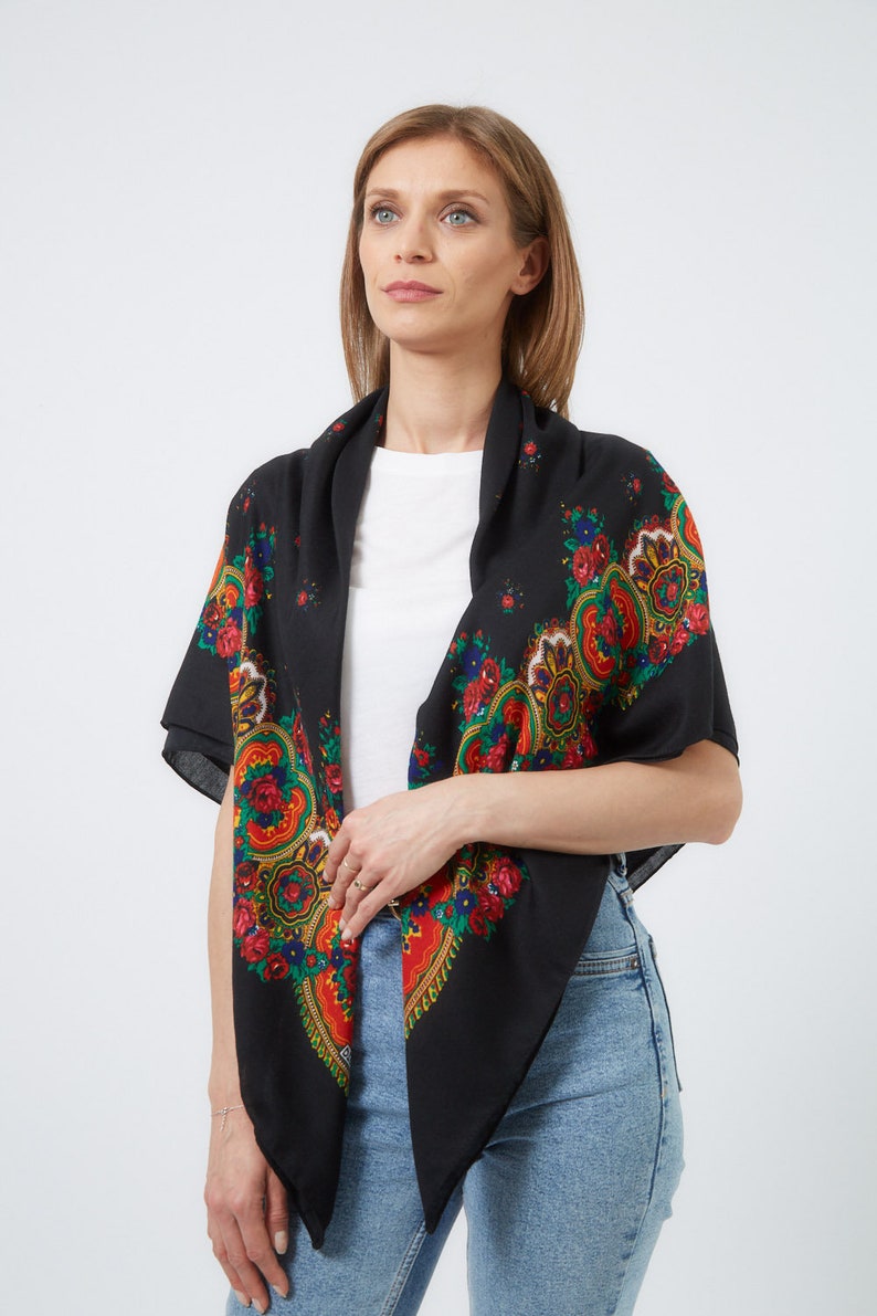 Ethnic Folk Boho Russian Slavic Babushka Floral Oversized Shawl Scarf Modern Chic Styling w Classic Timeless Floral Design image 9