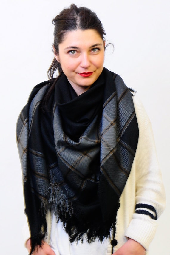 Black Oversized Scarf Blanket Scarf Shawl Wrap Square Checked Etsy