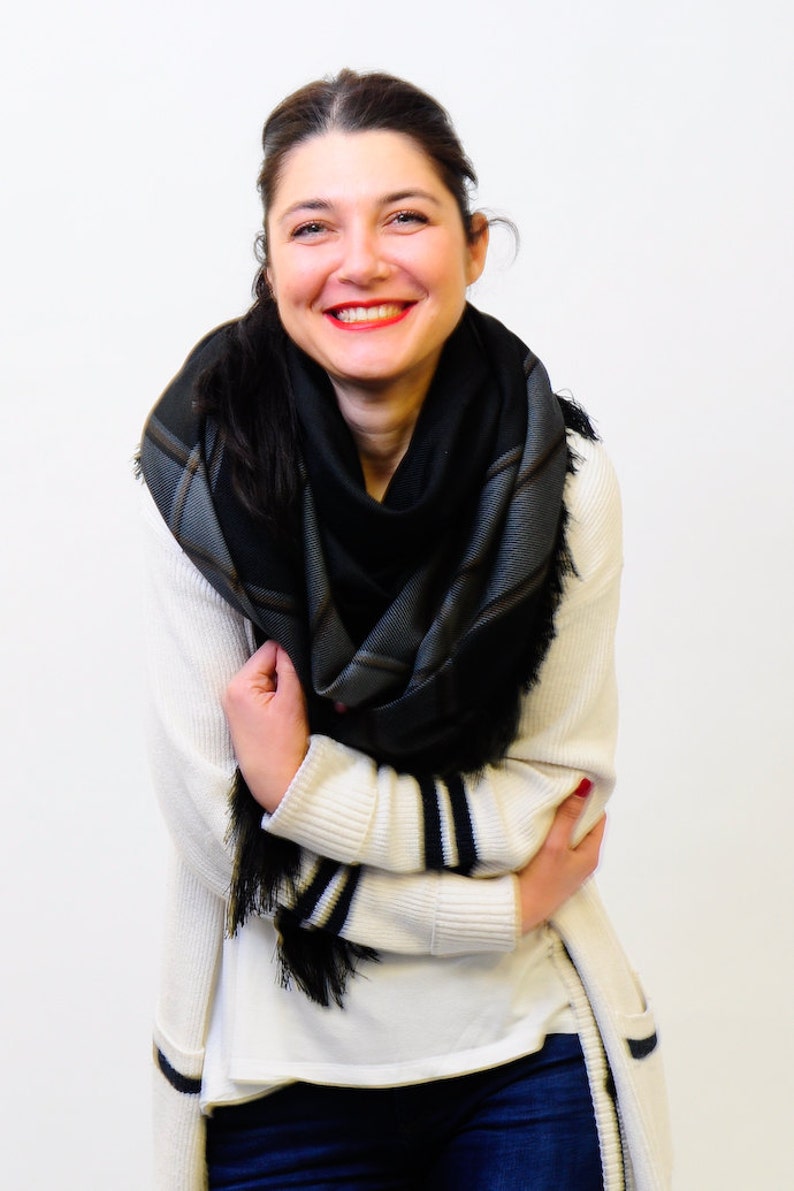 Black Oversized Scarf Blanket Scarf Shawl Wrap Square Checked Etsy