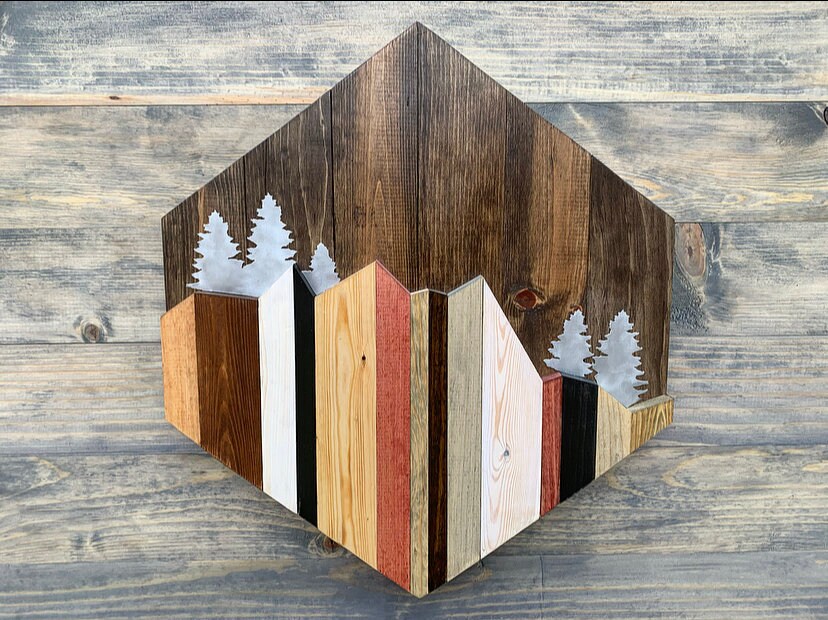 Wood Mountain Wall Art Rustic Mountain Tops Metal Art Etsy