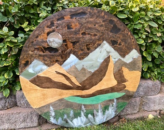 Round Mountain Wall Art. Wooden Mountain Wall Art. Mountain Lake Art