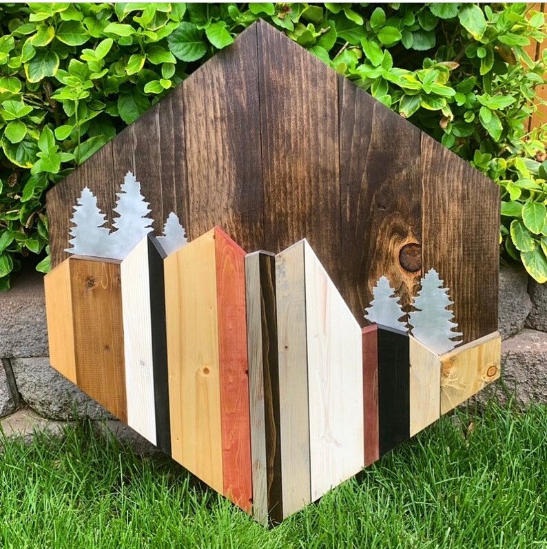 Wood Mountain Wall Art Rustic Mountain Tops Metal Art Etsy
