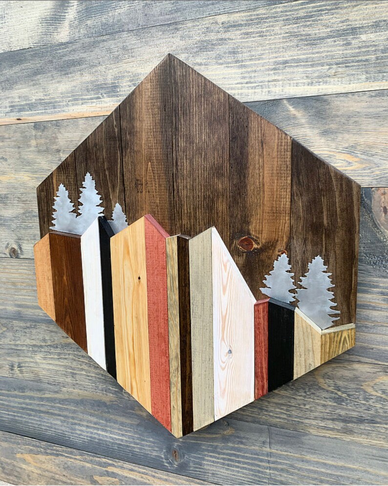Wood Mountain Wall Art Rustic Mountain Tops Metal Art Etsy