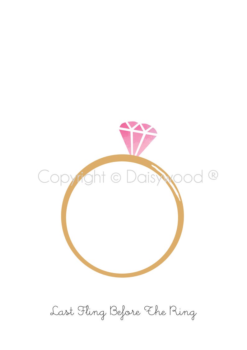 May include: A gold ring with a pink diamond on top. The text "Last Fling Before The Ring" is written below the ring.