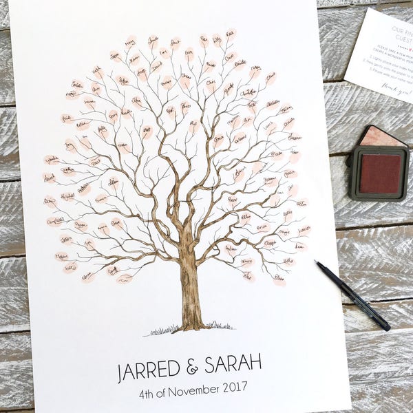 A2 Wedding Guest Book Fingerprint tree "Elegant Tree - Watercolour" design  + 2 free ink pads & 1 pen.  FREE delivery within Australia.