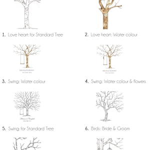 May include: A guide to adding extras to a tree guest book, with illustrations of different options, including a love heart, swing, birds, and a bird cage. The text includes the price for one or two extras.