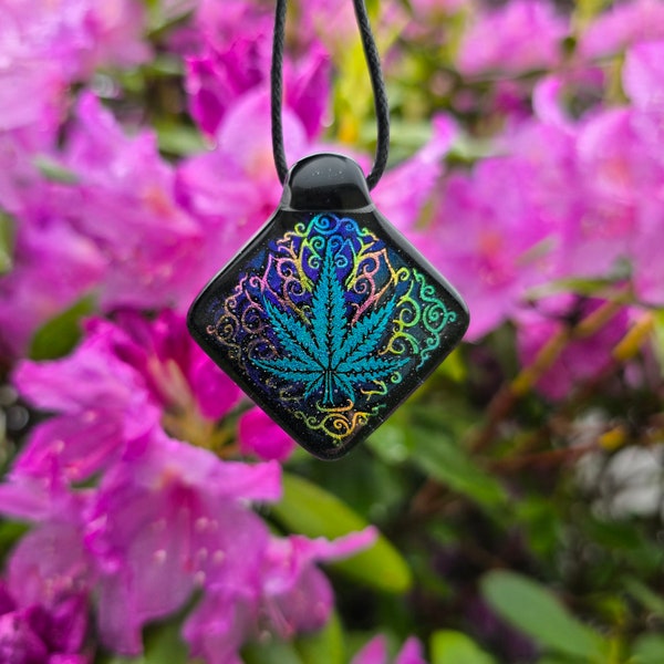 420 Pot Leaf Dichro Fused Glass Pendant Wook Jewelry Hippie Stoner Gifts Festival Necklace