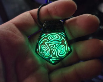Triple Spiral WigWag Glow in the Dark Fused Dichroic Glass Art Pendant  Necklace Rainbow Jewelry Black