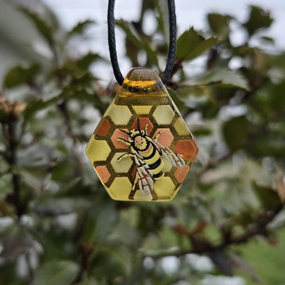 Glass Honeybee Bee Honeycomb Layered Glow in the Dark Fused Glass Pendant