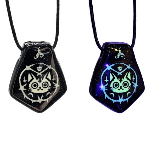 Cute Satanic Cat Glow in the Dark Fused Glass Art Pendant Necklace Goth Wiccan Witch Occult Aesthetic Gift For Him For Her