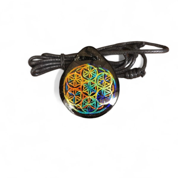 3 Layer Flower of Life Sacred Geometry Dichroic Fused Glass Art Pendant Necklace Goth Wiccan Witch Occult Aesthetic Divine Amulet