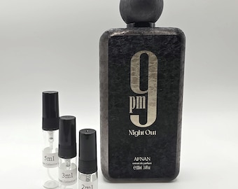 Decantado de fragancia Afnan 9PM Night Out – Extracto de ámbar dulce y especiado (2 ml, 3 ml, 5 ml)