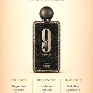Puede incluir: Botella de Afnan 9PM Night Out Extrait de Parfum. La botella rectangular negra tiene una superficie texturizada y una tapa gris oscuro. La etiqueta presenta el n&uacute;mero 9 y las palabras "Night Out". Las notas de fragancia se enumeran a continuaci&oacute;n.