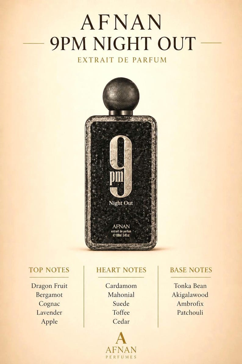 Puede incluir: Botella de Afnan 9PM Night Out Extrait de Parfum. La botella rectangular negra tiene una superficie texturizada y una tapa gris oscuro. La etiqueta presenta el n&uacute;mero 9 y las palabras "Night Out". Las notas de fragancia se enumeran a continuaci&oacute;n.