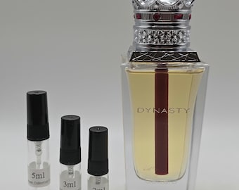 Fragancia Dynasty EDP en decantación - Lattafa (2 ml, 3 ml, 5 ml) Fresca, amaderada, jengibre, té, vaporizador de viaje