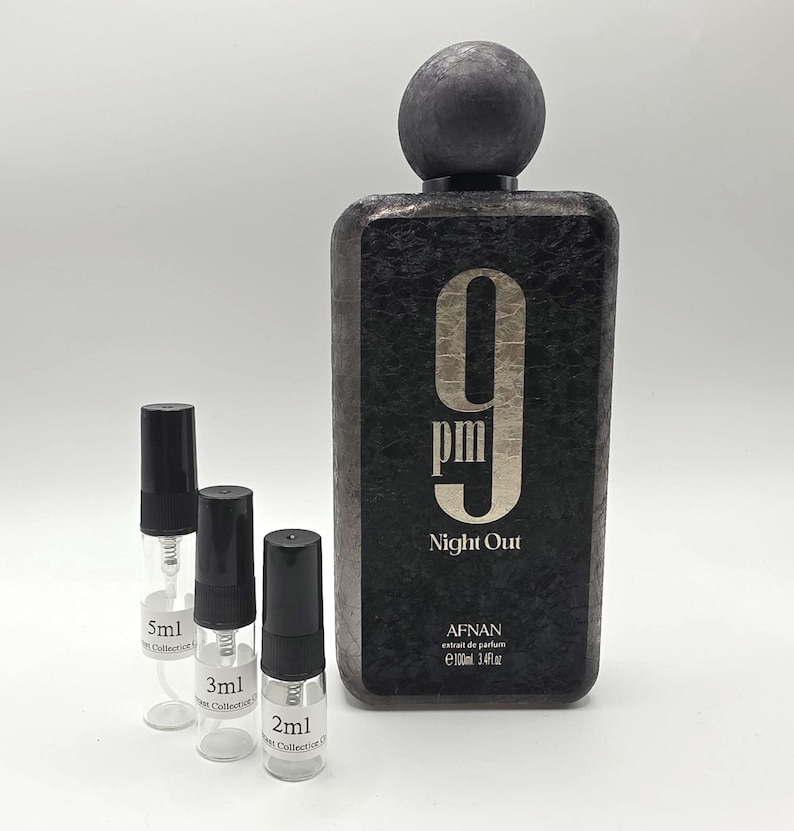 Decantado de fragancia Afnan 9PM Night Out – Extracto de ámbar dulce y especiado (2 ml, 3 ml, 5 ml) imagen 1