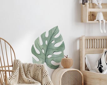 Watercolor Monstera Leaf Wall Decal, Prehistoric Dinosaur Fauna Room Decor, Kids Nursery Wall Art, Banana Palm Wall Sticker, Peel and Stick