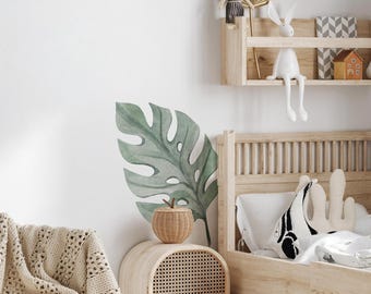 Watercolor Monstera Leaf Wall Decal, Prehistoric Dinosaur Fauna Room Decor, Kids Nursery Wall Art, Banana Palm Wall Sticker, Peel and Stick
