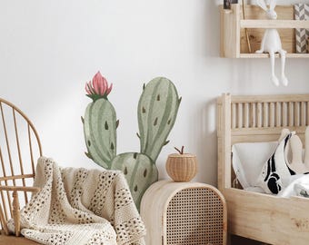 Watercolor Blooming Cactus Wall Decal, Prehistoric Dinosaur Fauna Room Decor, Kids Nursery Wall Art, Desert Wall Sticker, Peel and Stick