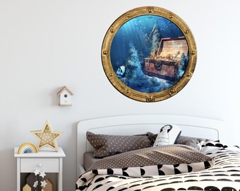 Full Colour Treasure Chest Porthole Under Water Ocean Sea Boys Girls Bathroom Wall Sticker Decal Kids Bedroom Decoration