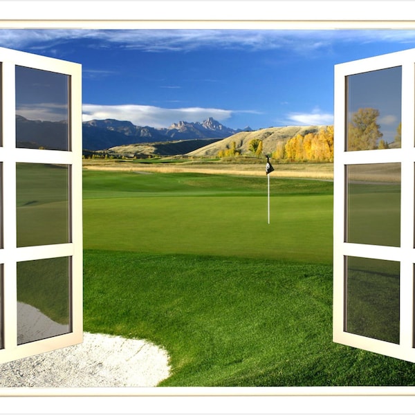 Window Scape Golf Course #1 3D Window Wall Decal Graphic Sticker Mural Instant View Ball Sports Hole Office Bedroom Kids Game Room Decor