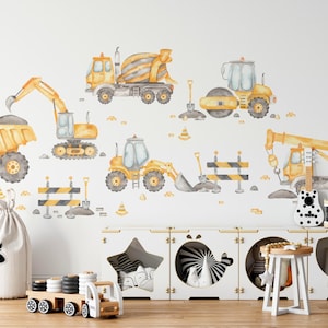 Construction Trucks Wall Decal Set, Kids Transportation Wall Sticker, Watercolor, Peel & Stick Removable Fabric, Boys Room Nursery Playroom