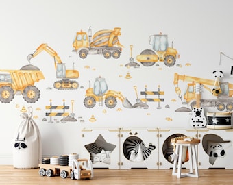 LARGE Construction Trucks Wall Decal Set, Kids Transportation Wall Sticker, Watercolor Peel & Stick Removable Fabric, Boys Nursery Playroom