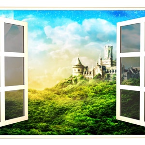 Window Scape Castle #1 3D Window Wall Decal Sticker Mural Removable Fabric Vinyl Princess Fairytale Kingdom Dragon Kids Girls Bedroom Decor