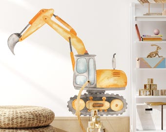 Construction Excavator Wall Decal Watercolor – Machines Vehicle Peel and Stick Removable Fabric Sticker Boys Room, Nursery Playroom
