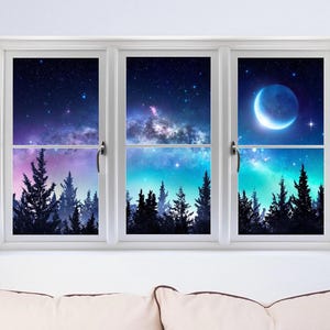 Window Scape Milky Way Aurora 3D Window Wall Decal Sticker Galaxy Mural Self Adhesive Vinyl Night Sky Stars Forest Moon Home Decor image 1