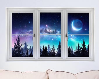 Window Scape Milky Way Aurora 3D Window Wall Decal Sticker Galaxy Mural Self Adhesive Vinyl Night Sky Stars Forest Moon Home Decor