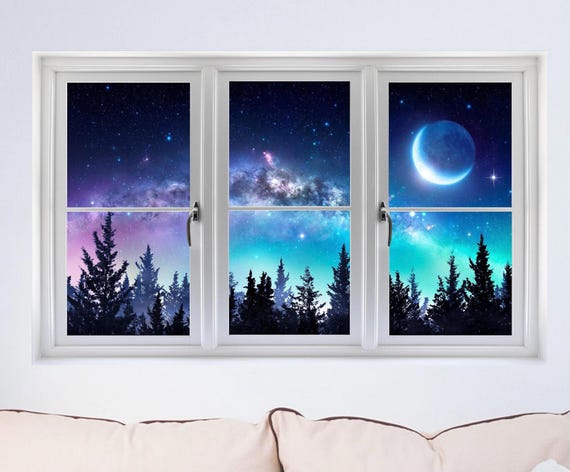 Window Scape Milky Way Aurora 3D Window Wall Decal Sticker Galaxy Mural Self Adhesive Vinyl Night Sky Stars Forest Moon Home Decor
