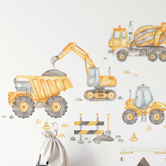 LARGE Construction Trucks Wall Decal Set, Kids Transportation Wall Sticker, Watercolor Peel & Stick Removable Fabric, Boys Nursery Playroom