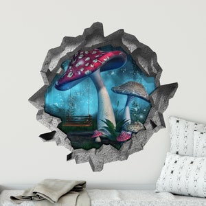 3D Hole In the Wall Decal - Enchanted Mushroom Swing - Fantasy Scene - 3D Window Sticker - Removable Fabric Wall Sticker - Peel and Stick